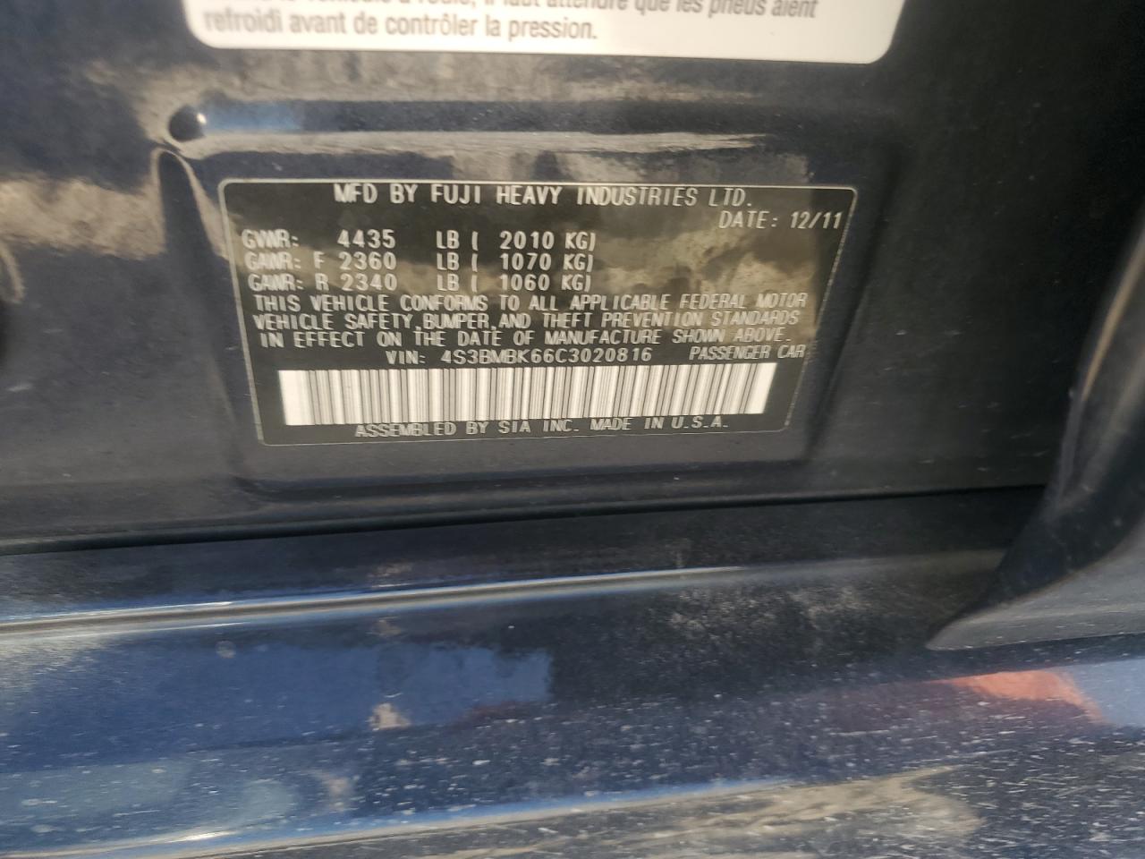 2012 Subaru Legacy 2.5I Limited VIN: 4S3BMBK66C3020816 Lot: 61534355