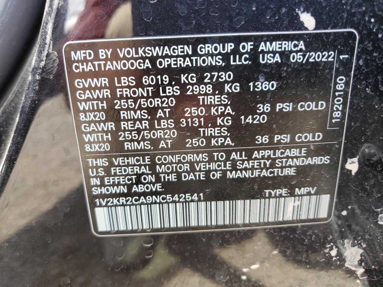 2022 Volkswagen Atlas Se VIN: 1V2KR2CA9NC542541 Lot: 59379595