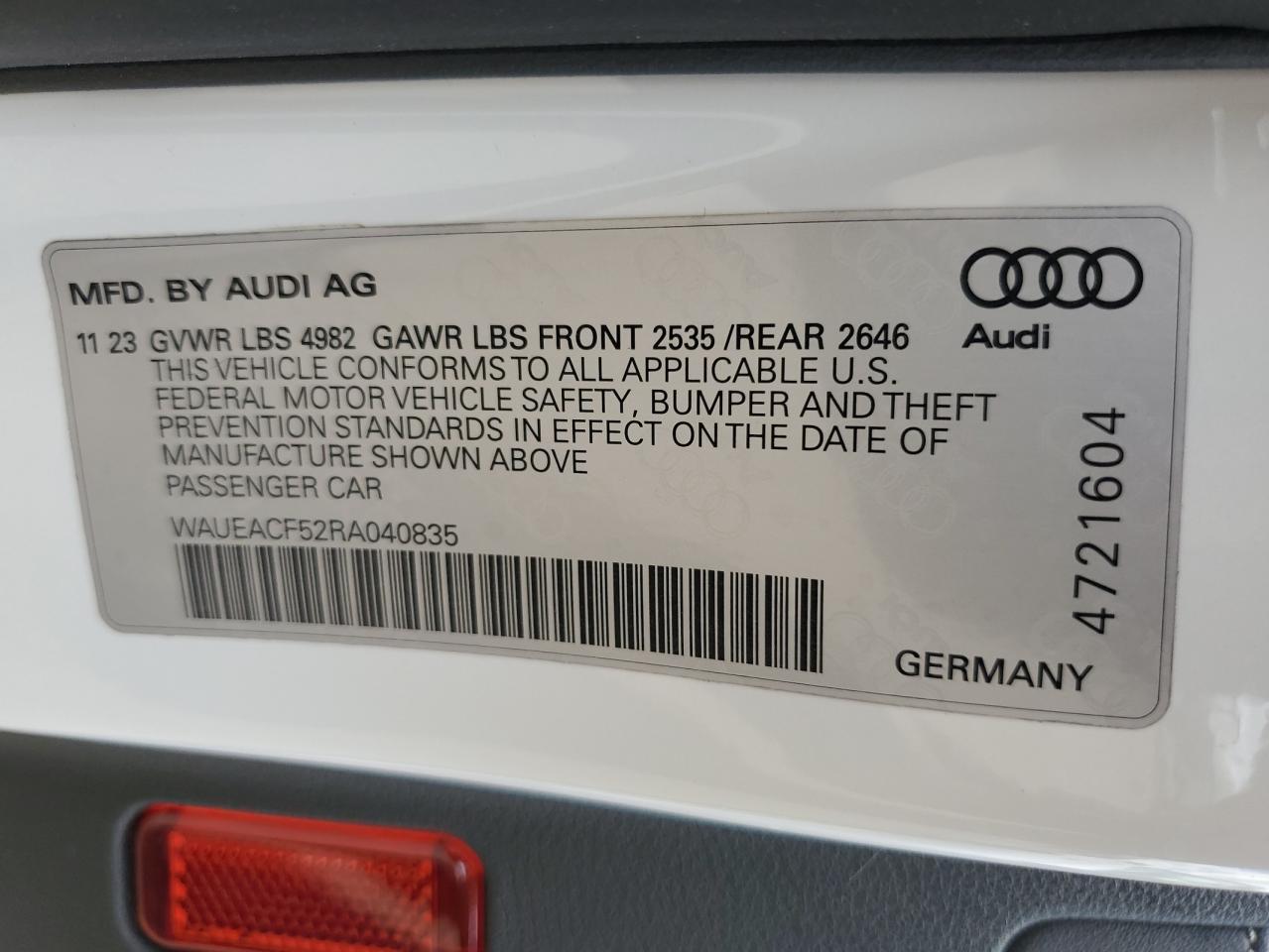 2024 Audi A5 Prestige 45 VIN: WAUEACF52RA040835 Lot: 62002725