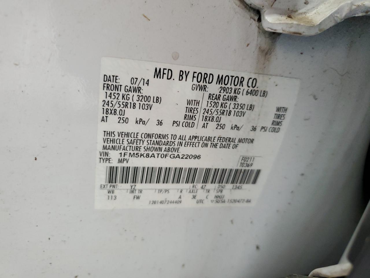 2015 Ford Explorer Police Interceptor VIN: 1FM5K8AT0FGA22096 Lot: 60452885