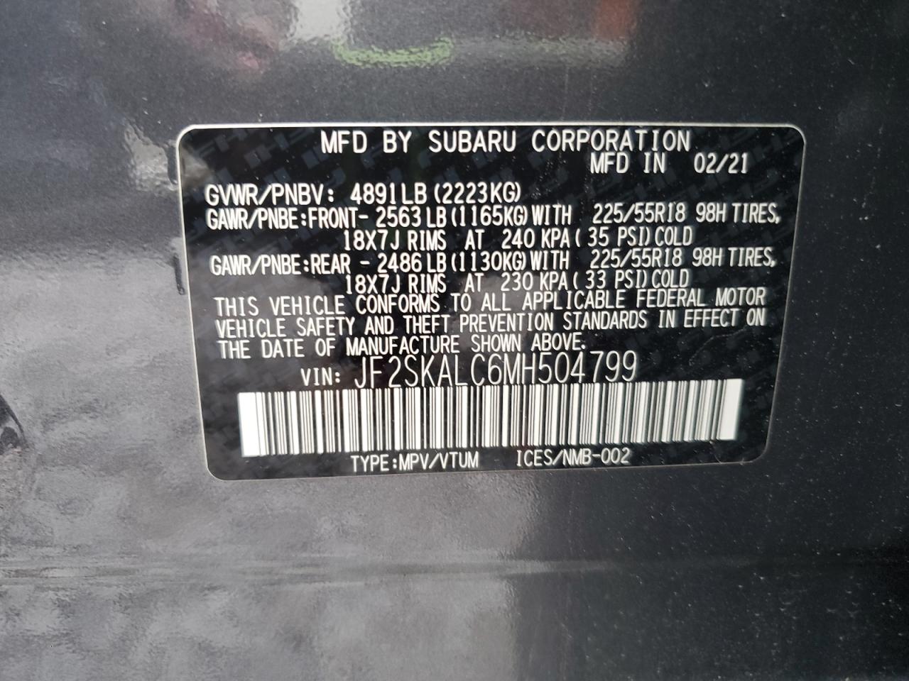 2021 Subaru Forester Sport VIN: JF2SKALC6MH504799 Lot: 62548095