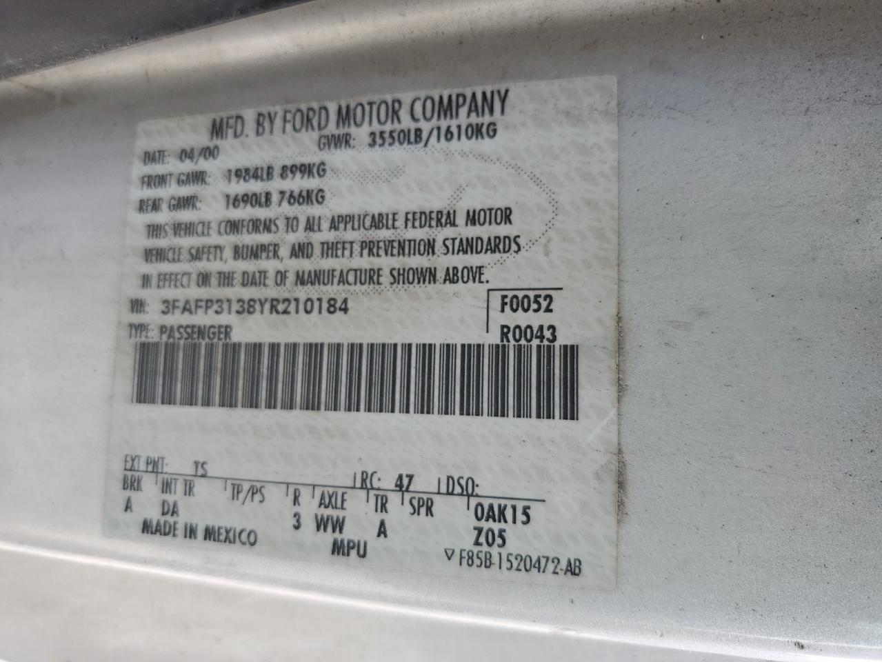 2000 Ford Focus Zx3 VIN: 3FAFP3138YR210184 Lot: 62863435