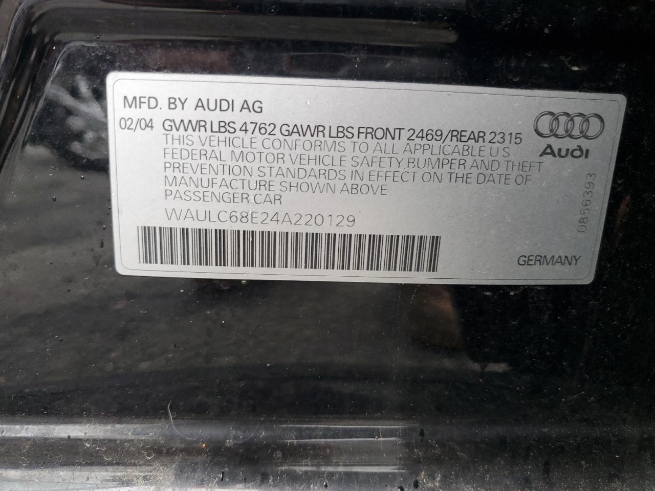 2004 Audi A4 1.8T Quattro VIN: WAULC68E24A220129 Lot: 62147455