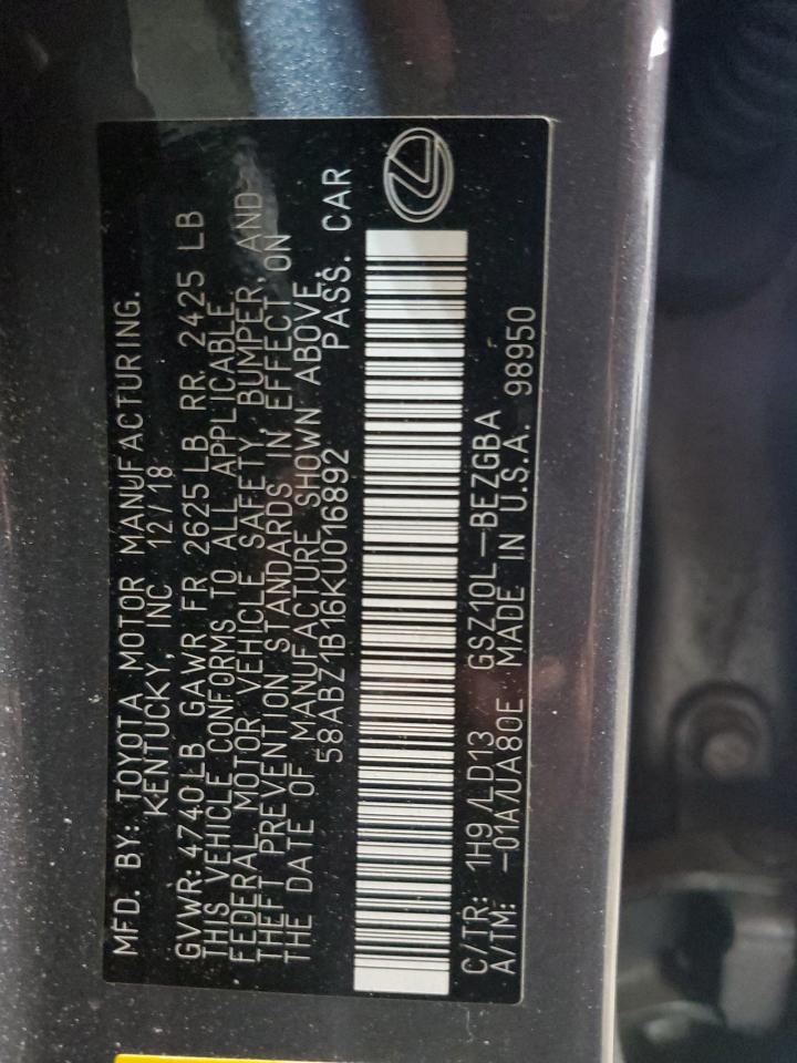 2019 Lexus Es 350 VIN: 58ABZ1B16KU016892 Lot: 61223525