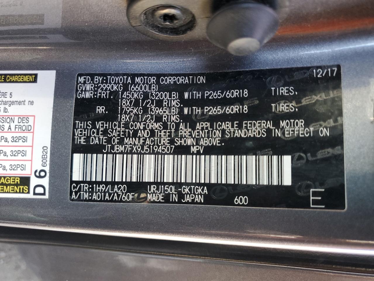 2018 Lexus Gx 460 VIN: JTJBM7FX9J5194507 Lot: 61081495