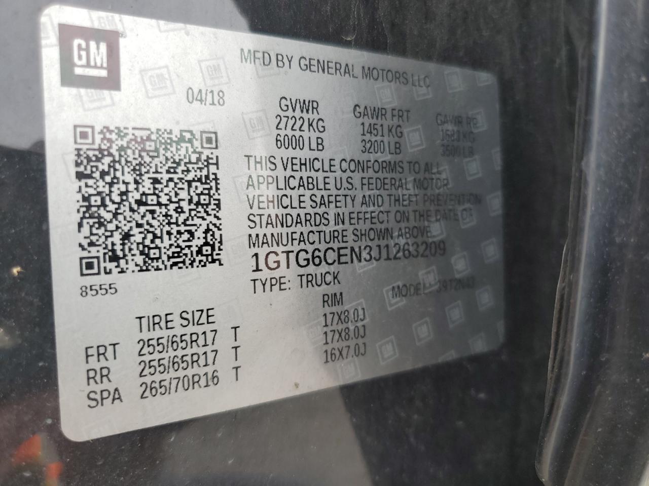 2018 GMC Canyon Sle VIN: 1GTG6CEN3J1263209 Lot: 59503055