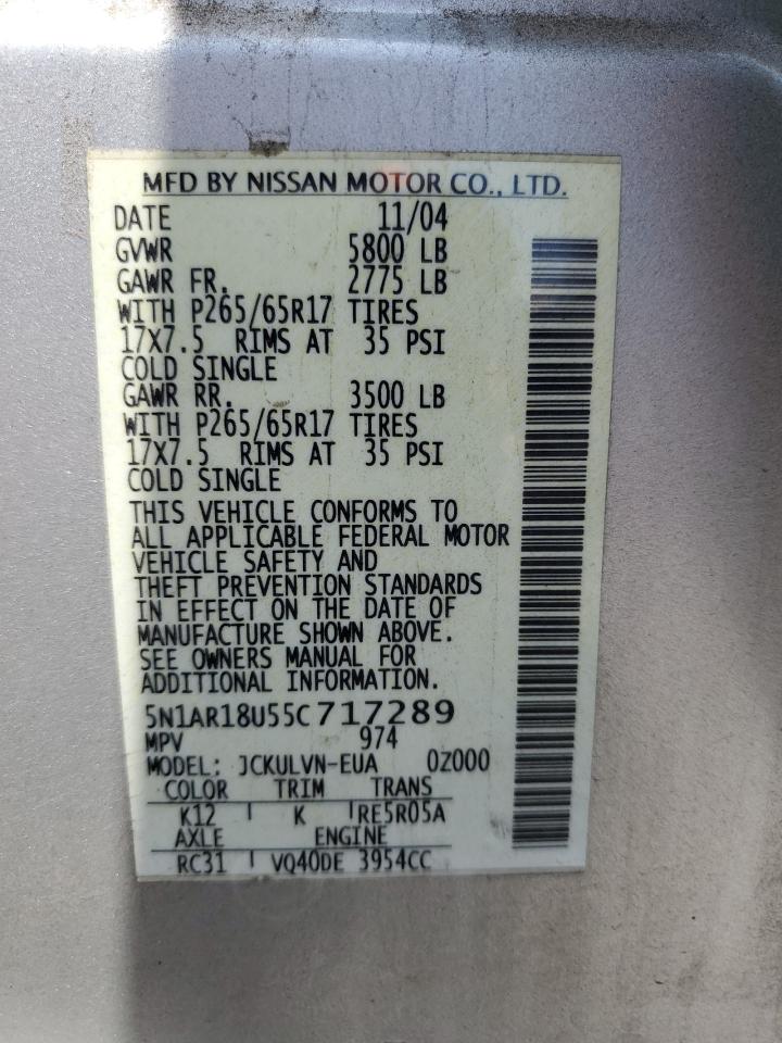 2005 Nissan Pathfinder Le VIN: 5N1AR18U55C717289 Lot: 60372265