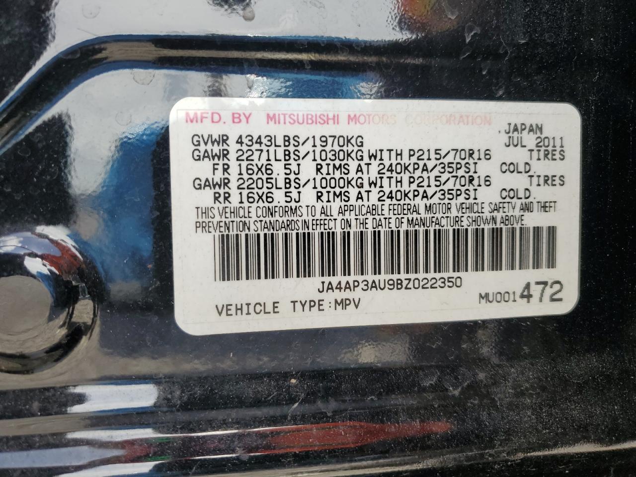 2011 Mitsubishi Outlander Sport Es VIN: JA4AP3AU9BZ022350 Lot: 61619375