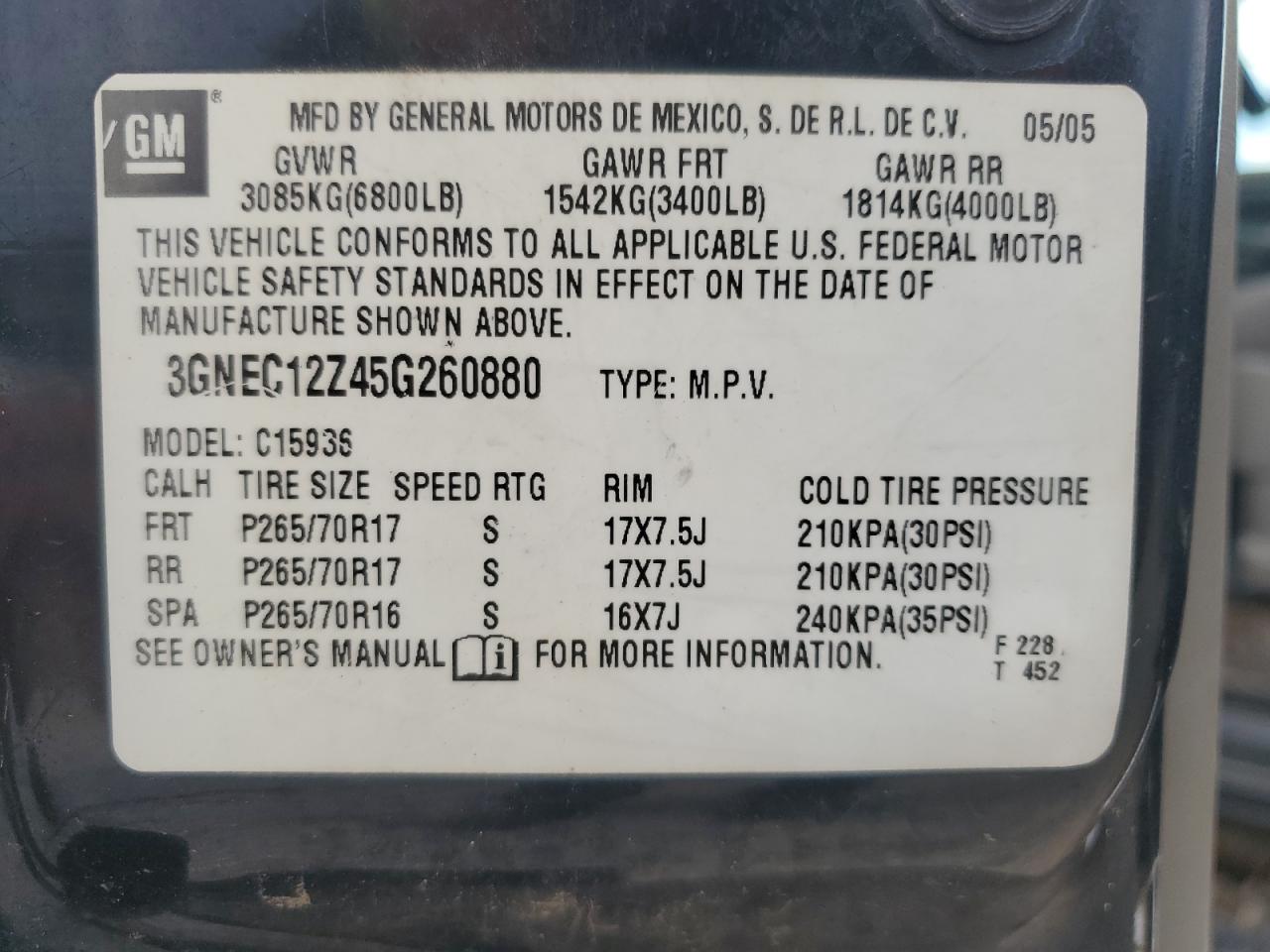 2005 Chevrolet Avalanche C1500 VIN: 3GNEC12Z45G260880 Lot: 62744485