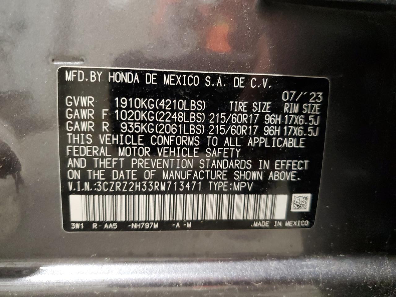 2024 Honda Hr-V Lx VIN: 3CZRZ2H33RM713471 Lot: 62753015