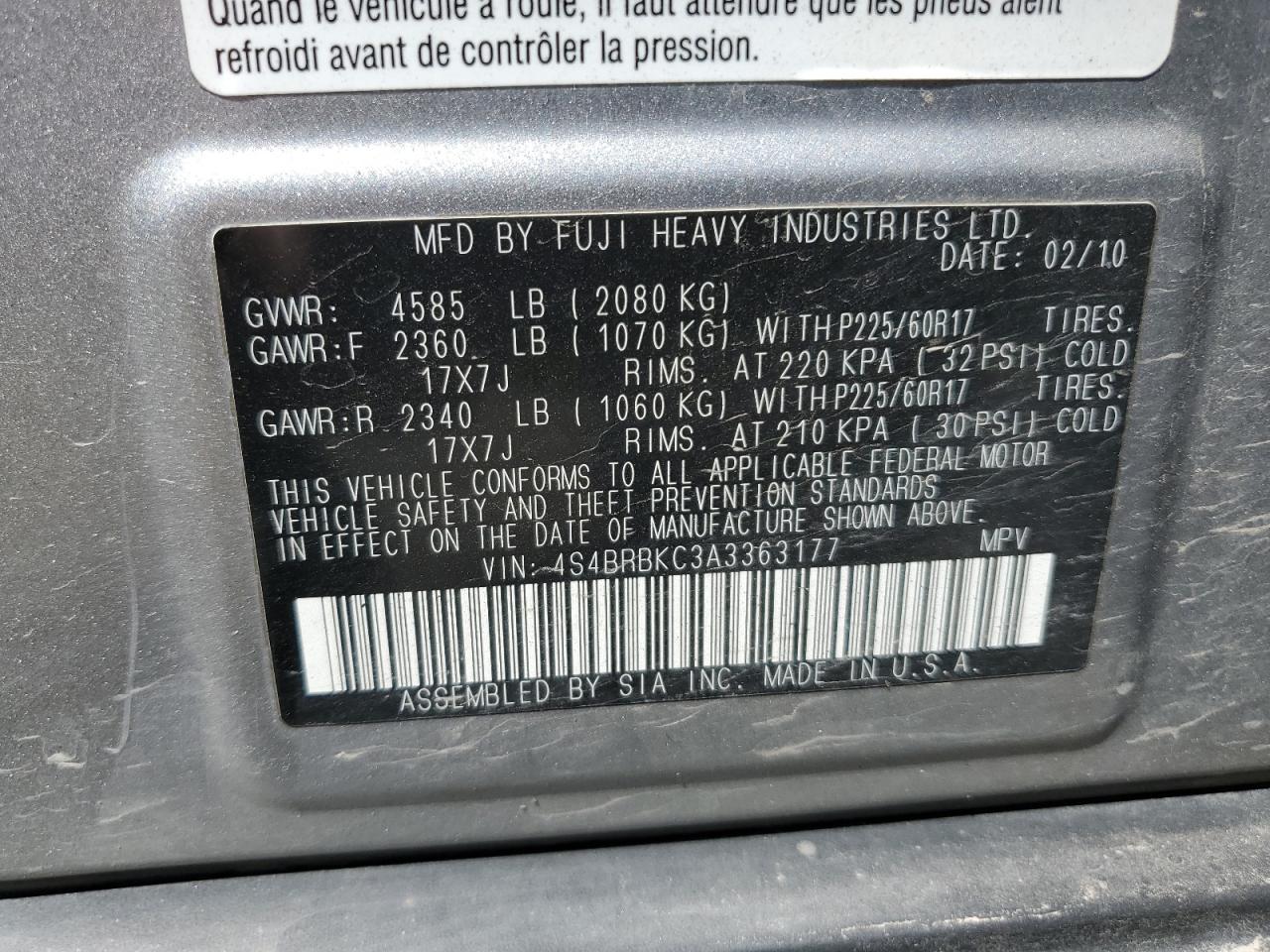 2010 Subaru Outback 2.5I Limited VIN: 4S4BRBKC3A3363177 Lot: 62289815