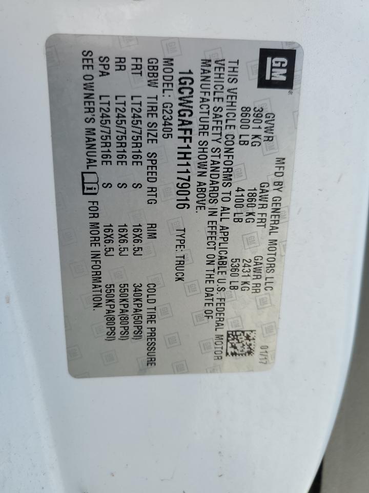 2017 Chevrolet Express G2500 VIN: 1GCWGAFF1H1179016 Lot: 62822435