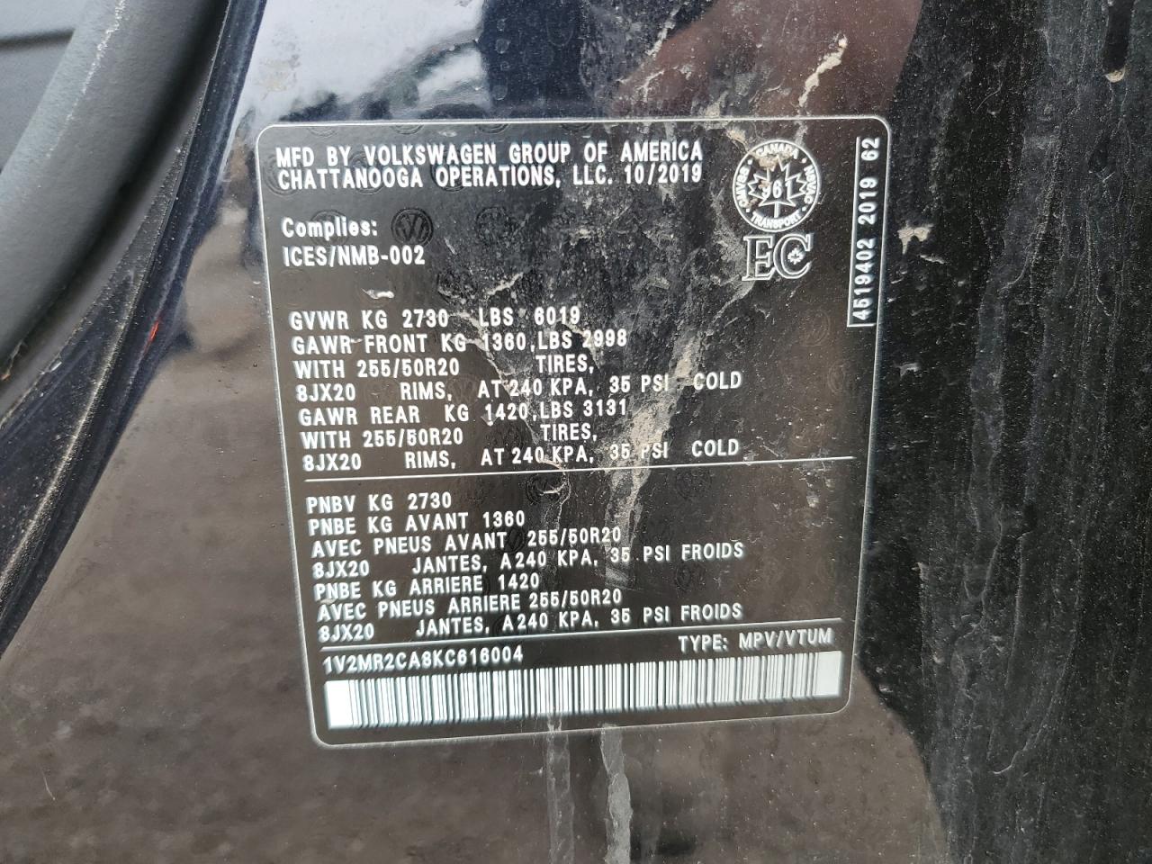 2019 Volkswagen Atlas Sel VIN: 1V2MR2CA8KC616004 Lot: 62761965