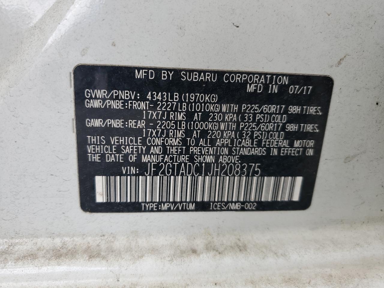 2018 Subaru Crosstrek Premium VIN: JF2GTADC1JH208375 Lot: 62839155