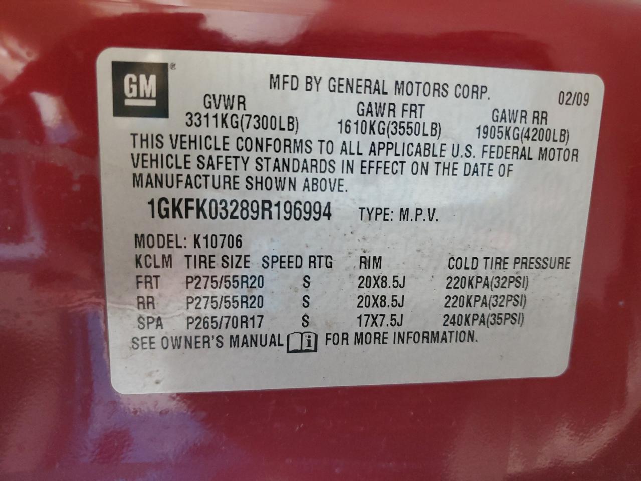 2009 GMC Yukon Denali VIN: 1GKFK03289R196994 Lot: 62904955