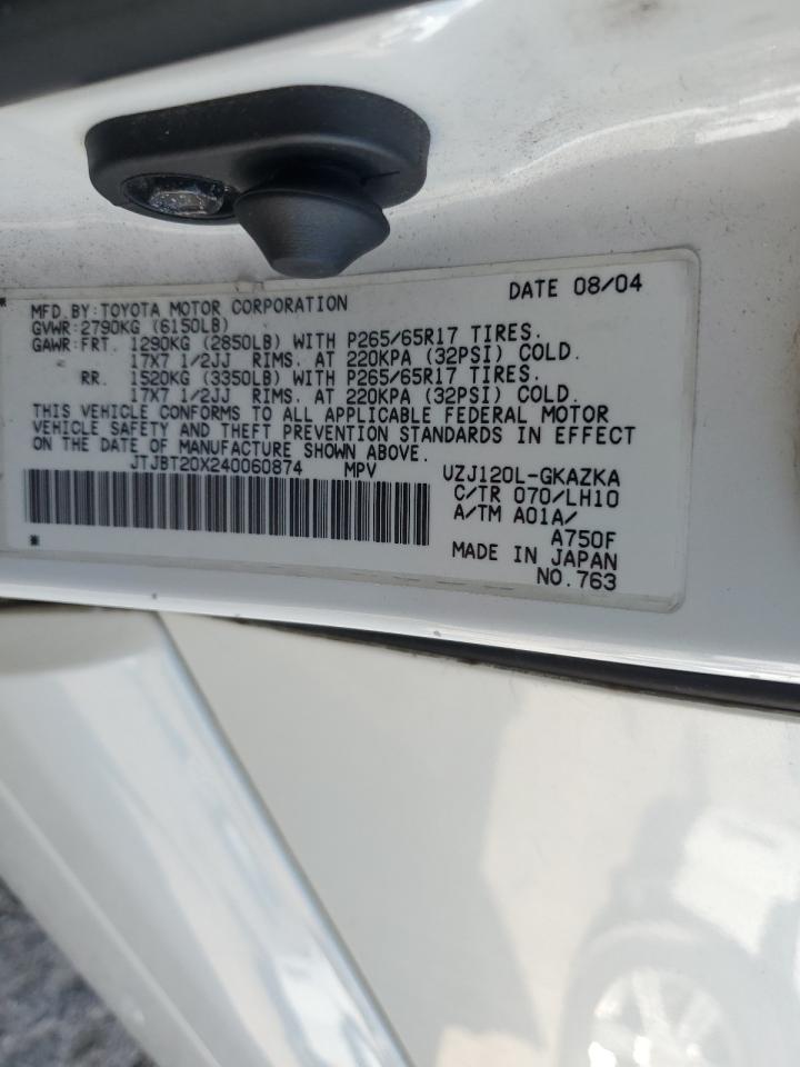 2004 Lexus Gx 470 VIN: JTJBT20X240060874 Lot: 58349545