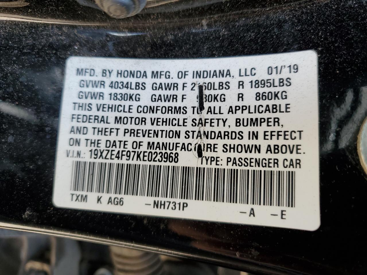2019 Honda Insight Touring VIN: 19XZE4F97KE023968 Lot: 62763235
