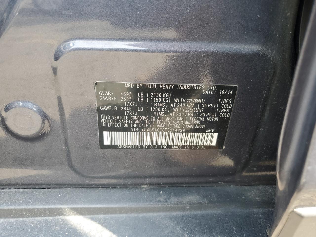 2015 Subaru Outback 2.5I Premium VIN: 4S4BSACC8F3244299 Lot: 63064035