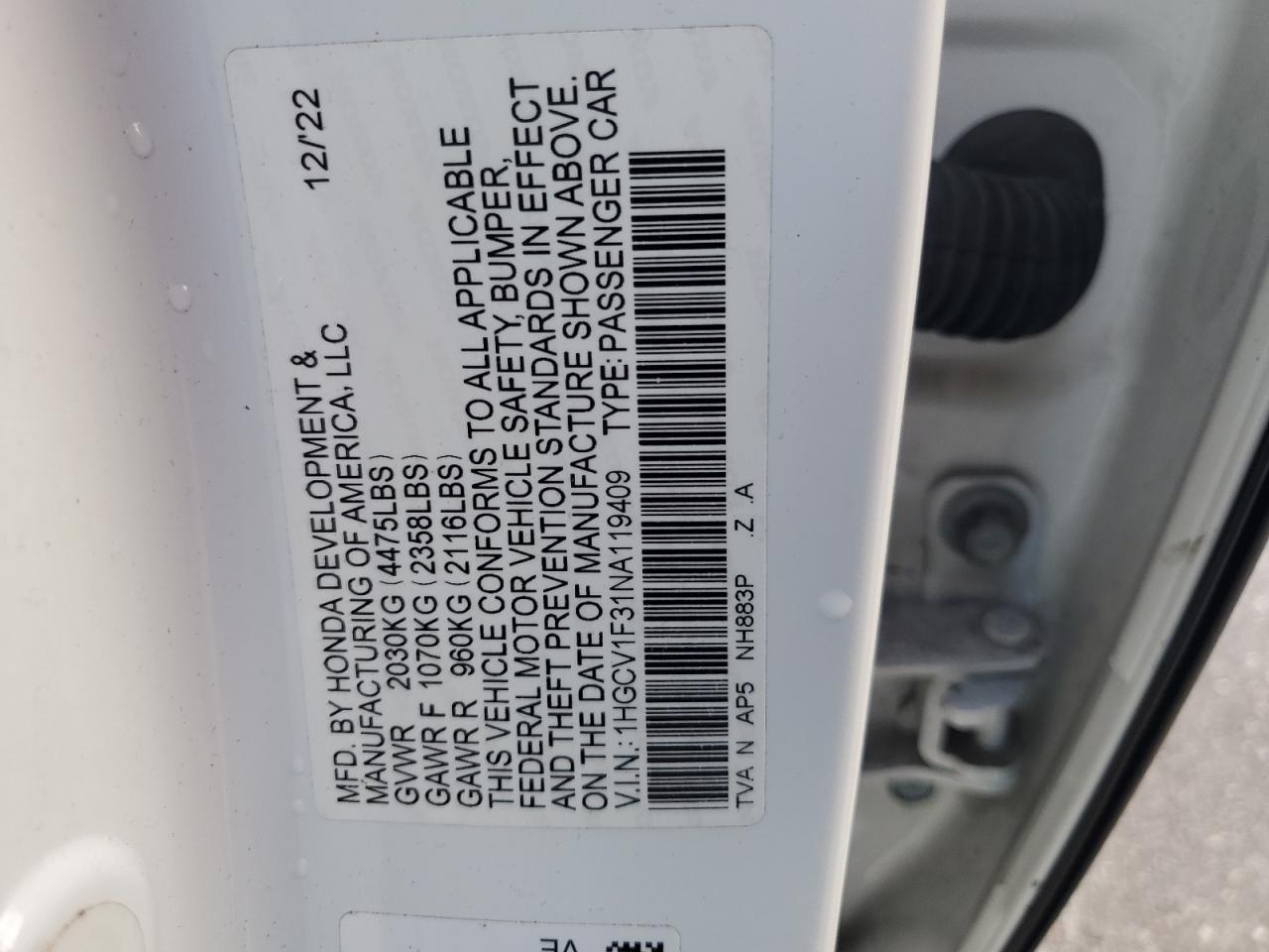 2022 Honda Accord Sport VIN: 1HGCV1F31NA119409 Lot: 62764135