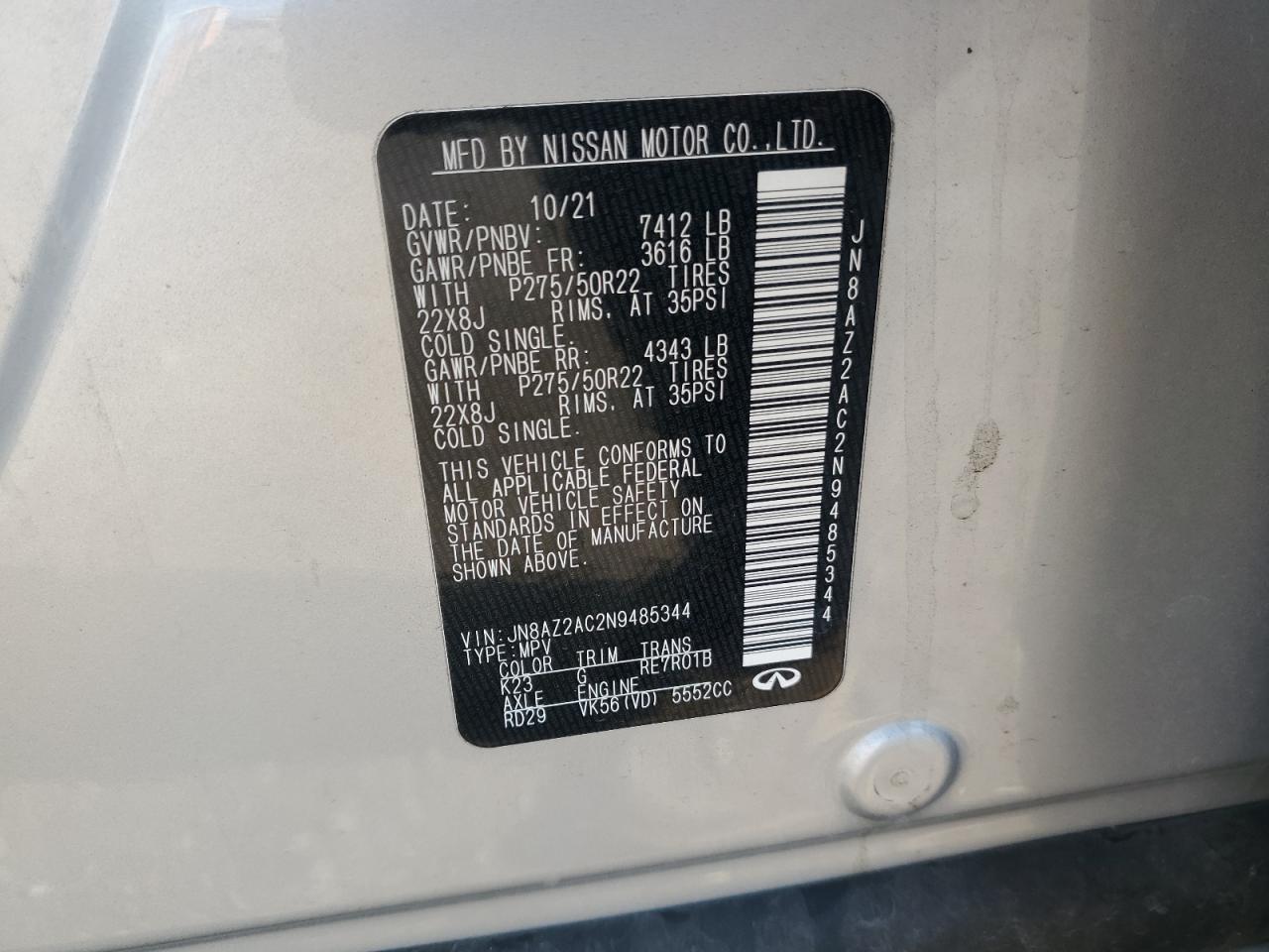 2022 Infiniti Qx80 Luxe VIN: JN8AZ2AC2N9485344 Lot: 61499315