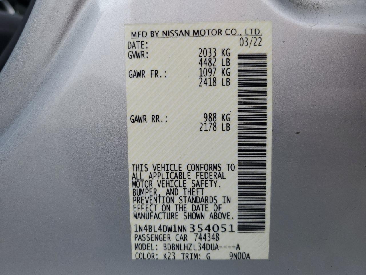 2022 Nissan Altima Sv VIN: 1N4BL4DW1NN354051 Lot: 62312055