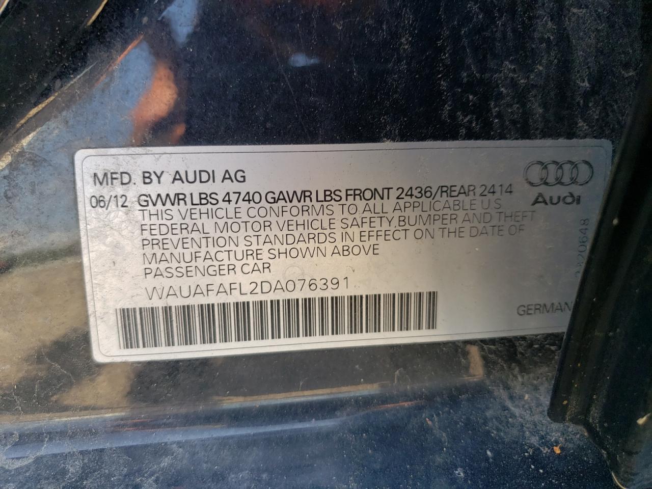 2013 Audi A4 Premium VIN: WAUAFAFL2DA076391 Lot: 62570025