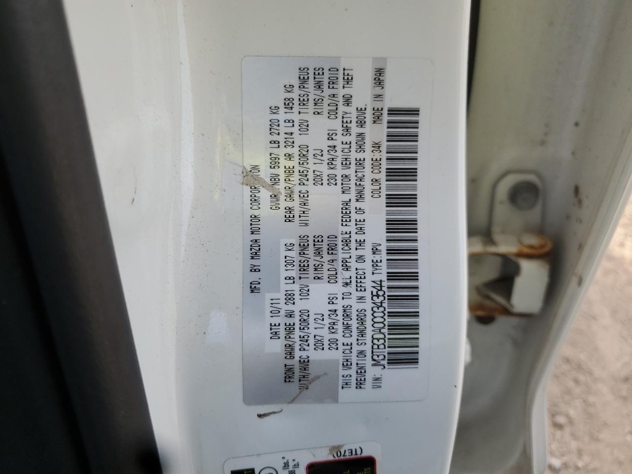 2012 Mazda Cx-9 VIN: JM3TB3DA0C0343544 Lot: 61929485