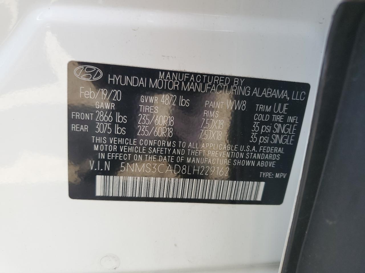 2020 Hyundai Santa Fe Sel VIN: 5NMS3CAD8LH229162 Lot: 62865695