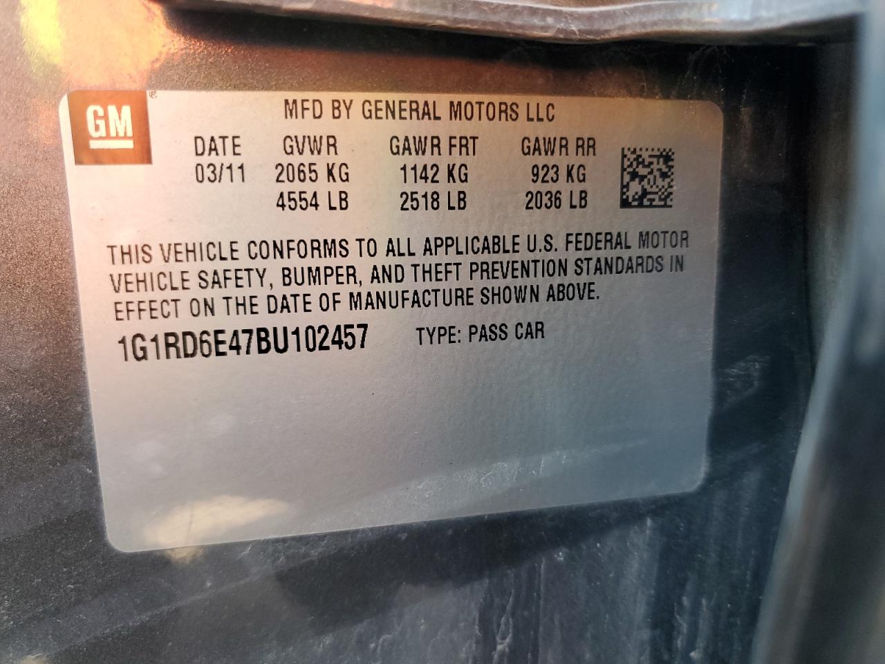 2011 Chevrolet Volt VIN: 1G1RD6E47BU102457 Lot: 59467535