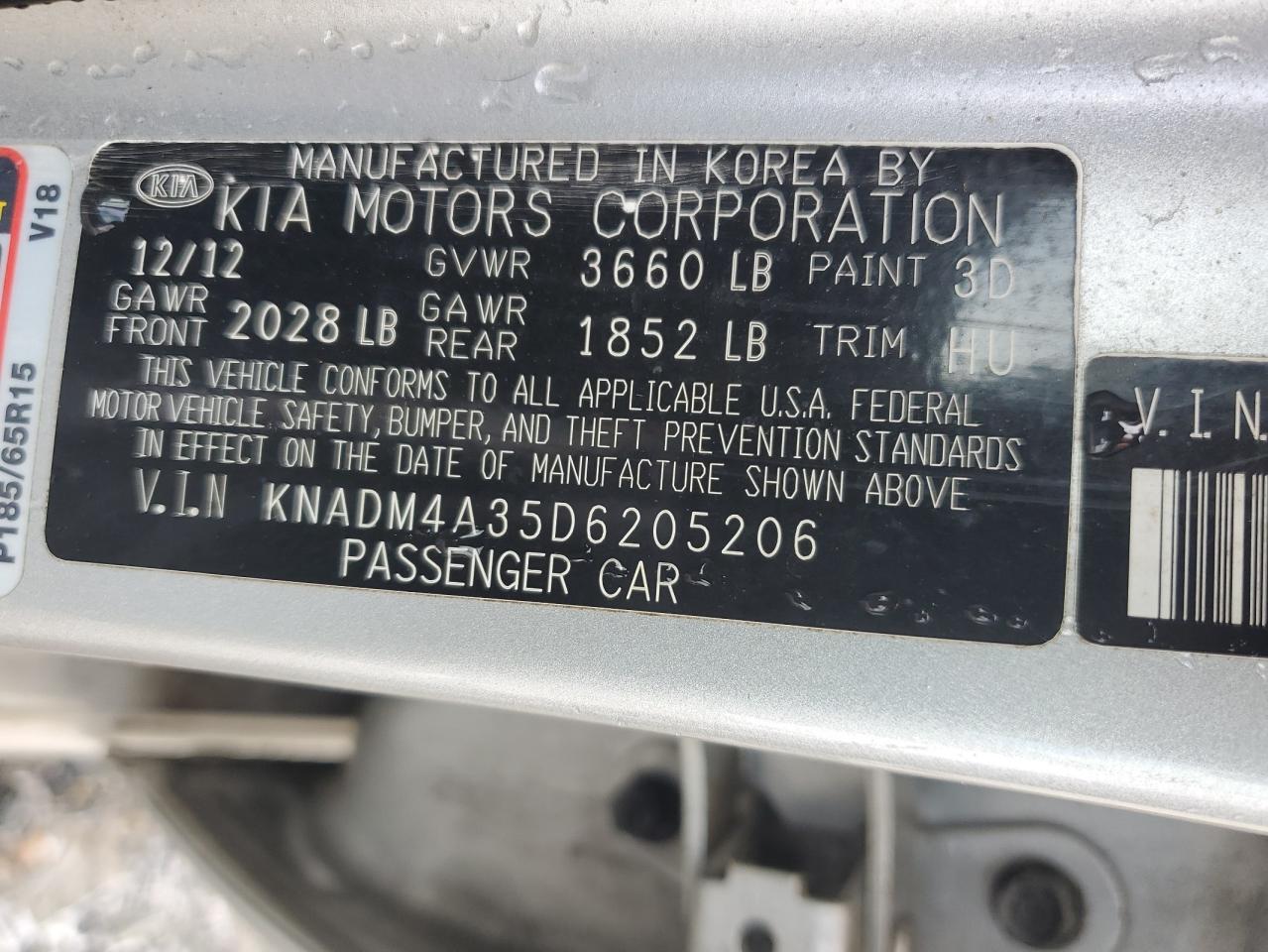 2013 Kia Rio Lx VIN: KNADM4A35D6205206 Lot: 60998135