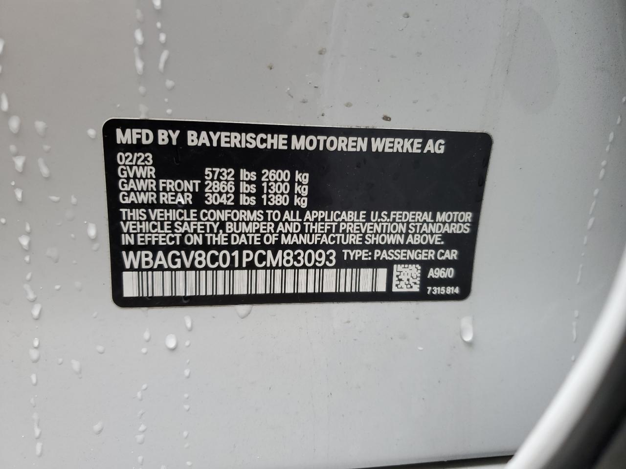 2023 BMW M850Xi VIN: WBAGV8C01PCM83093 Lot: 59399935