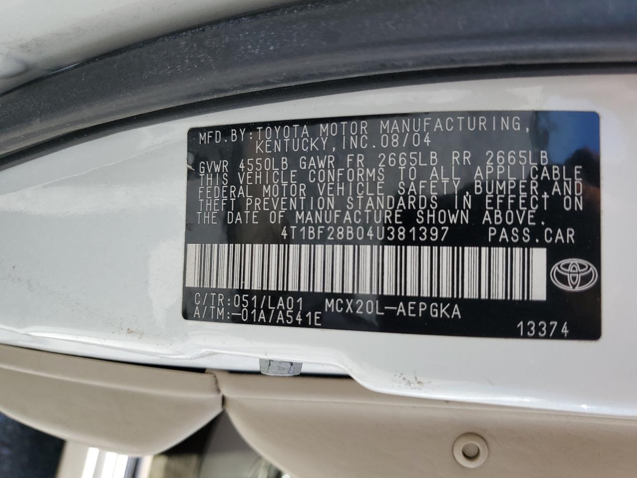 2004 Toyota Avalon Xl VIN: 4T1BF28B04U381397 Lot: 61490895