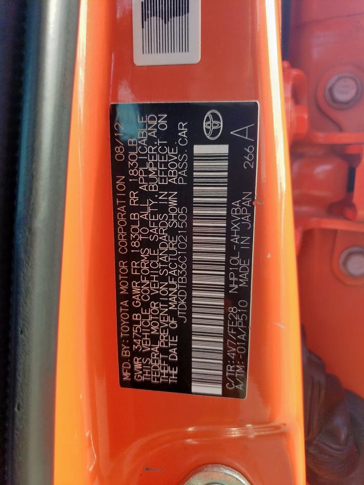 2012 Toyota Prius C VIN: JTDKDTB36C1021505 Lot: 62361605