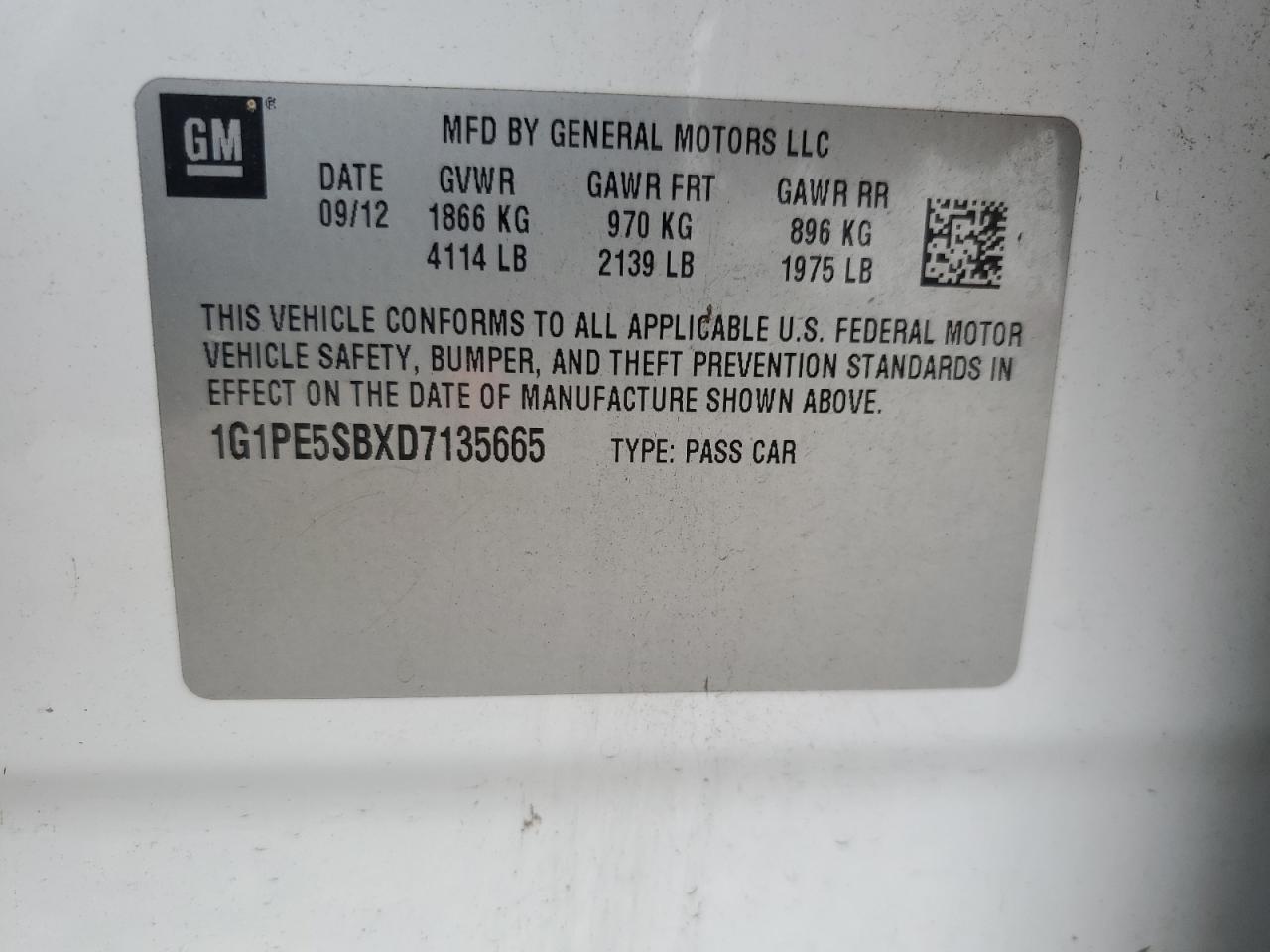 1G1PE5SBXD7135665 2013 Chevrolet Cruze Lt