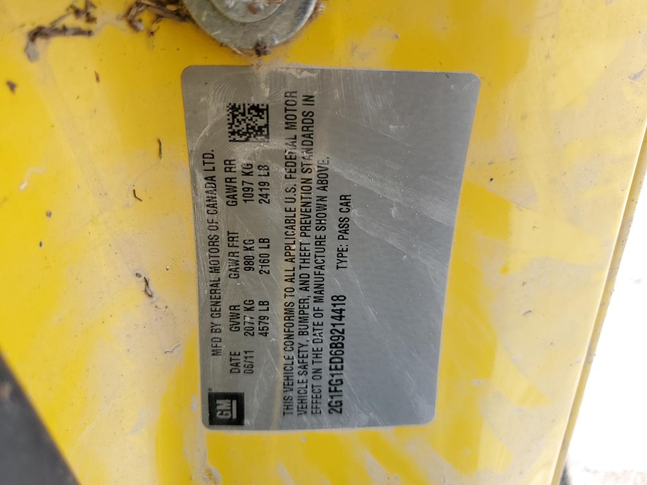 2011 Chevrolet Camaro Lt VIN: 2G1FG1ED6B9214418 Lot: 61444575