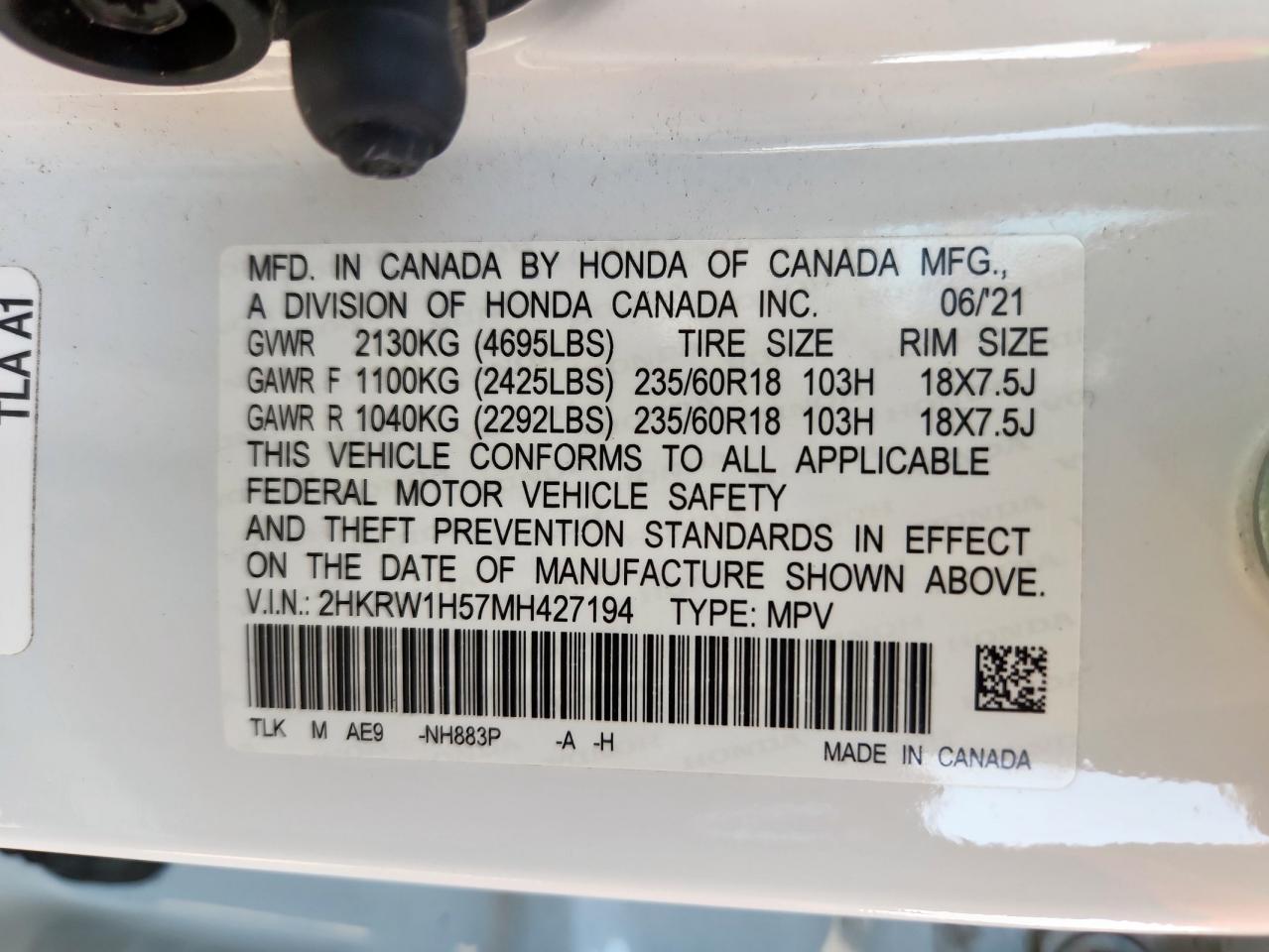 2021 Honda Cr-V Ex VIN: 2HKRW1H57MH427194 Lot: 61541375