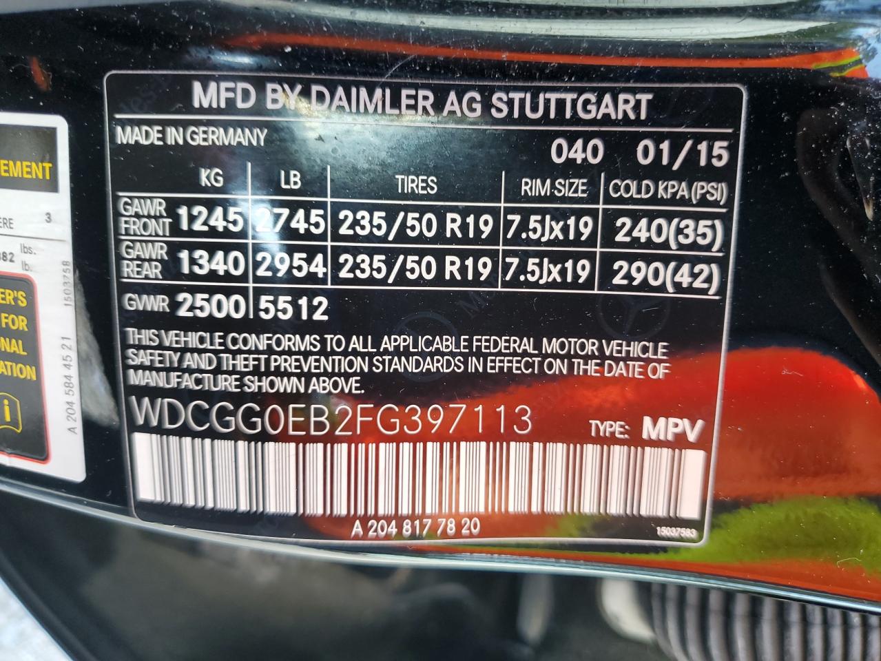 2015 Mercedes-Benz Glk 250 Bluetec VIN: WDCGG0EB2FG397113 Lot: 62300255