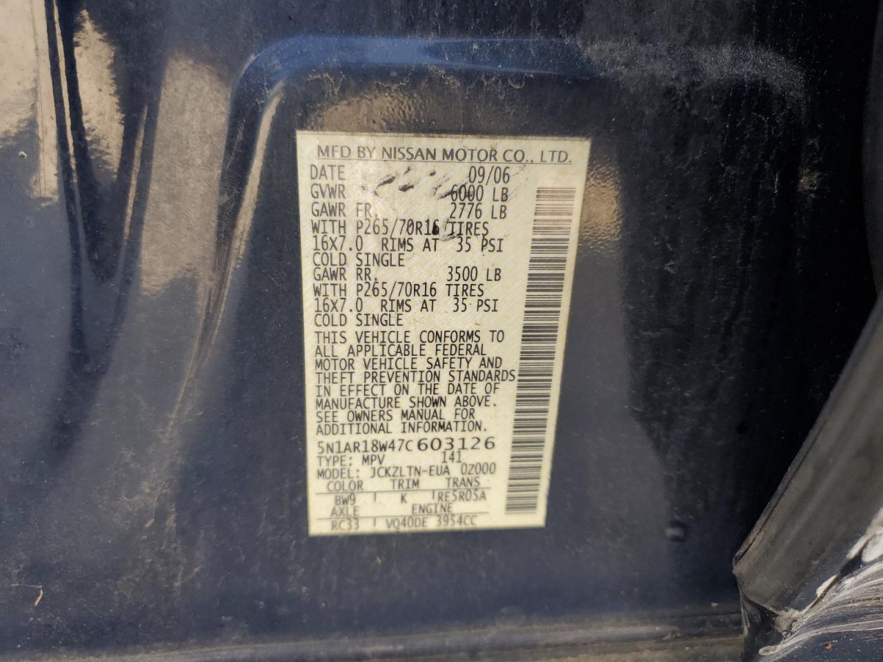 2007 Nissan Pathfinder Le VIN: 5N1AR18W47C603126 Lot: 62457455
