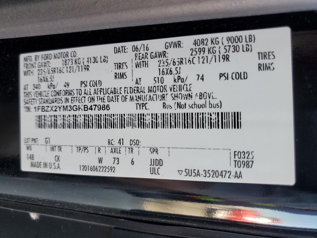 2016 Ford Transit T-350 VIN: 1FBZX2YM3GKB47986 Lot: 60088015