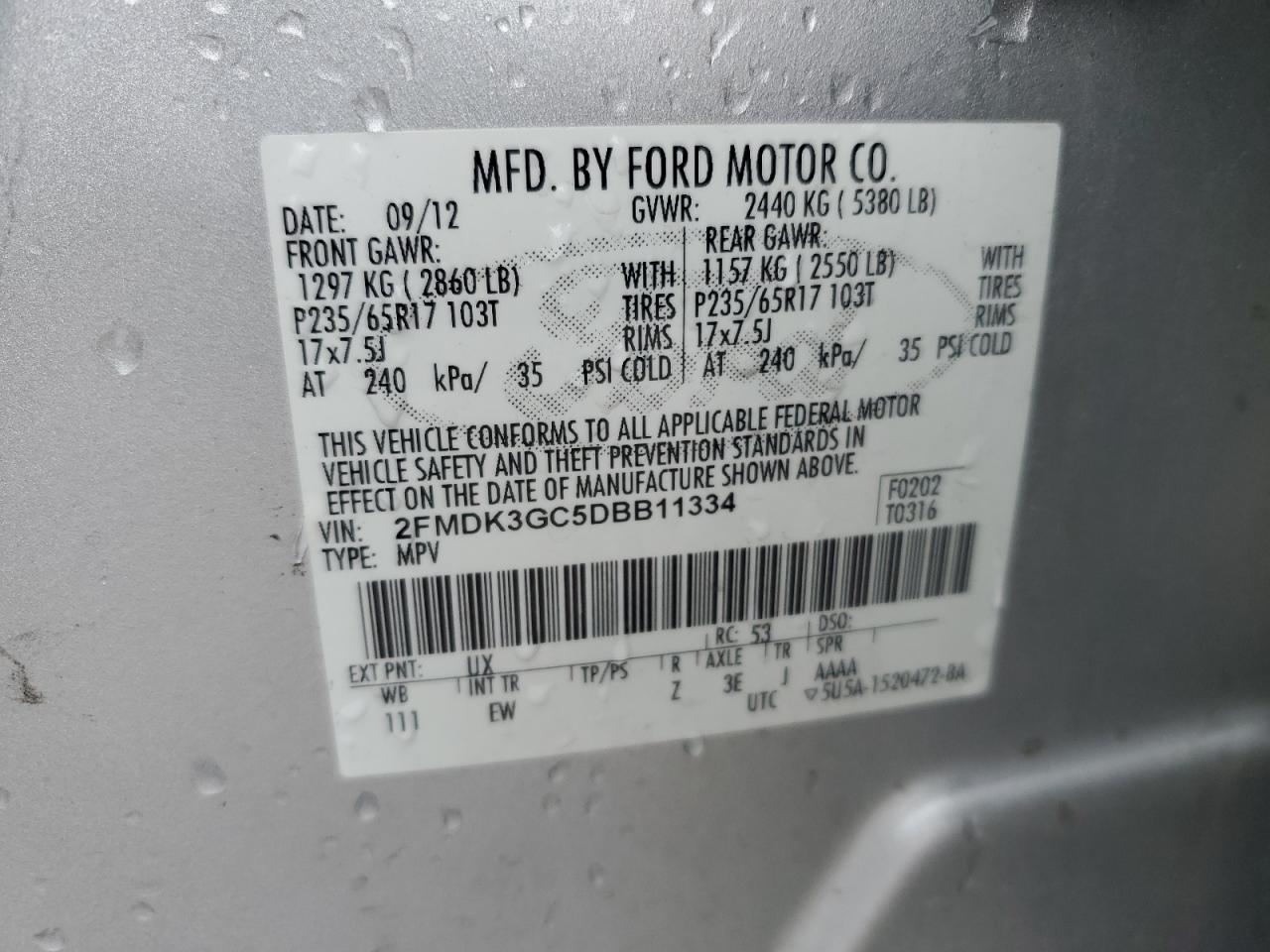 2013 Ford Edge Se VIN: 2FMDK3GC5DBB11334 Lot: 60820395