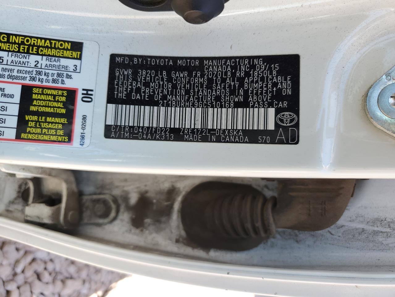 2016 Toyota Corolla L VIN: 2T1BURHE9GC510168 Lot: 62589405