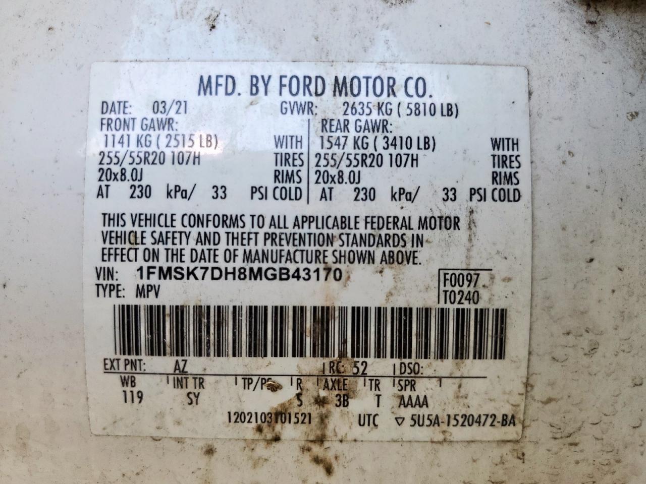 2021 Ford Explorer Xlt VIN: 1FMSK7DH8MGB43170 Lot: 61358015