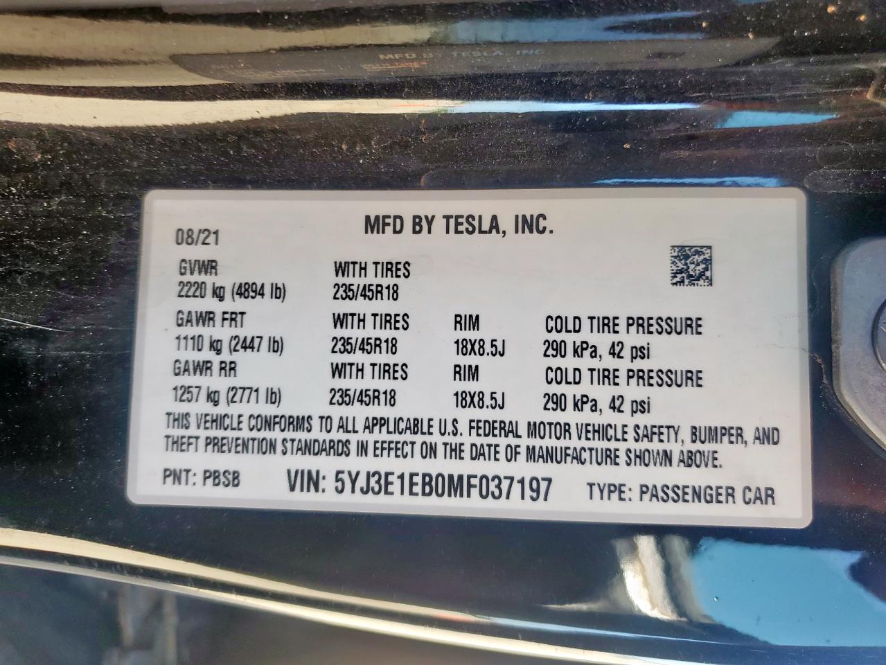 2021 Tesla Model 3 VIN: 5YJ3E1EB0MF037197 Lot: 62518735