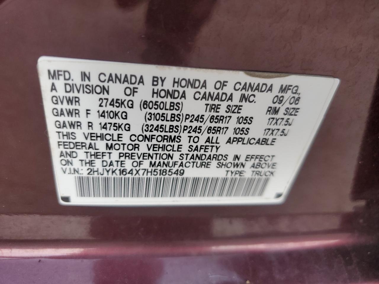 2007 Honda Ridgeline Rts VIN: 2HJYK164X7H518549 Lot: 61215665