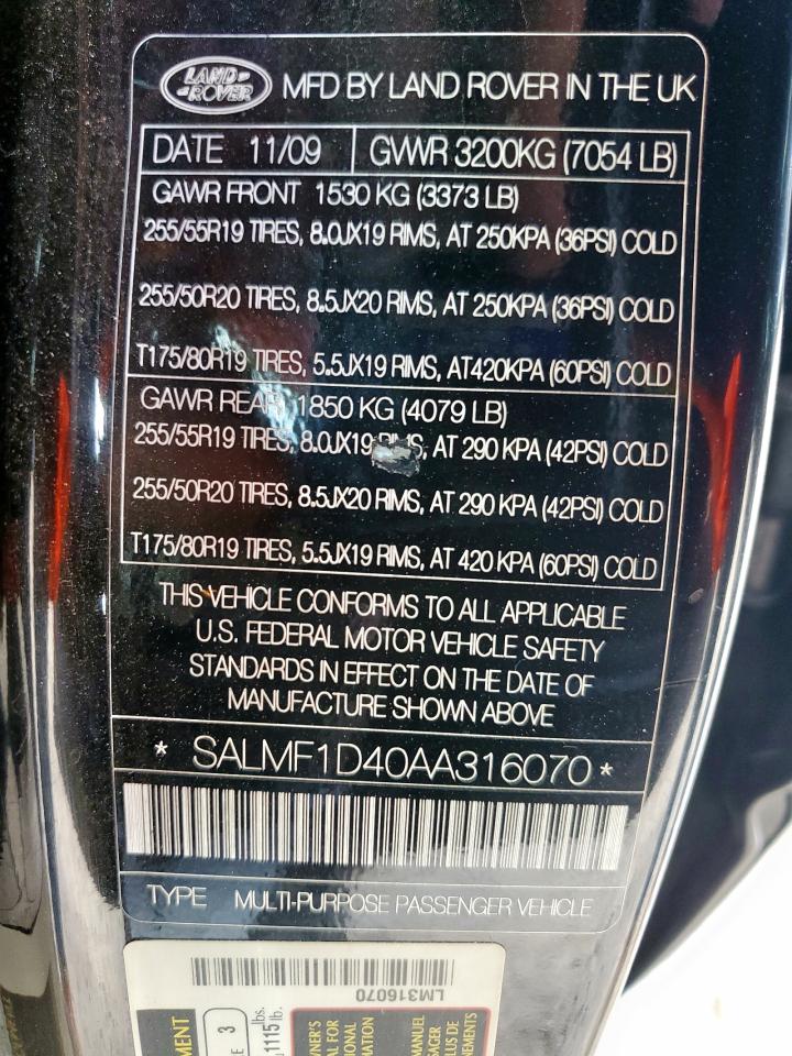 2010 Land Rover Range Rover Hse Luxury VIN: SALMF1D40AA316070 Lot: 61076445