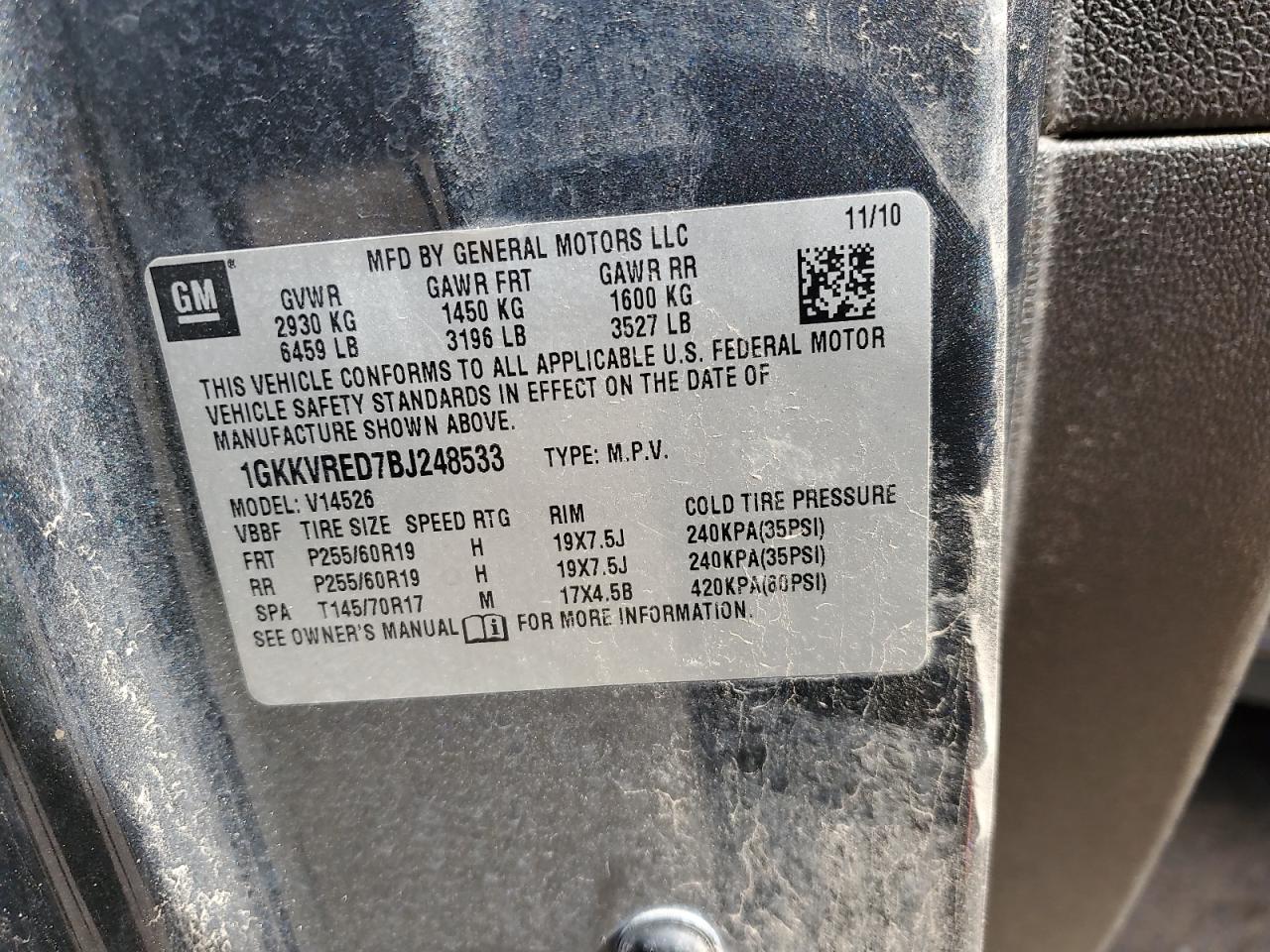 2011 GMC Acadia Slt-1 VIN: 1GKKVRED7BJ248533 Lot: 59758285