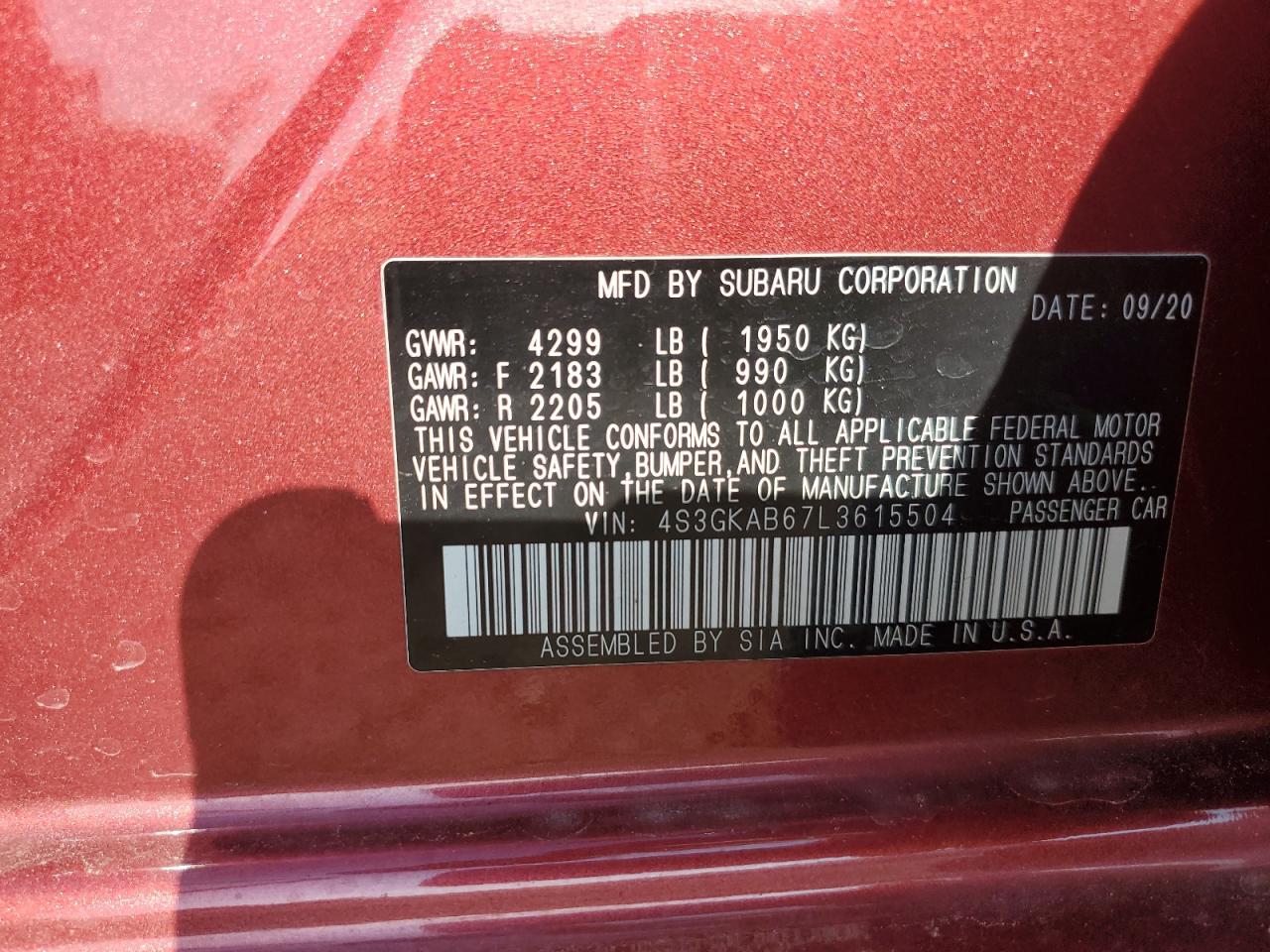 2020 Subaru Impreza VIN: 4S3GKAB67L3615504 Lot: 62341855