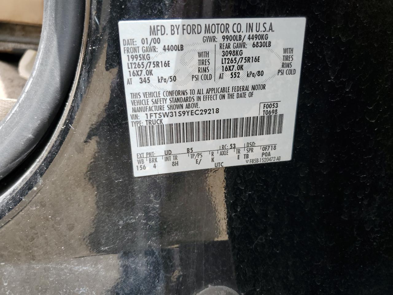 2000 Ford F350 Srw Super Duty VIN: 1FTSW31S9YEC29218 Lot: 62719075