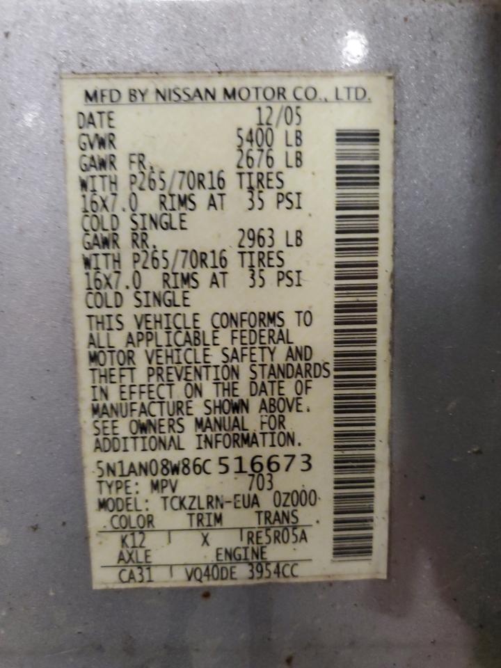 2006 Nissan Xterra Off Road VIN: 5N1AN08W86C516673 Lot: 62750355