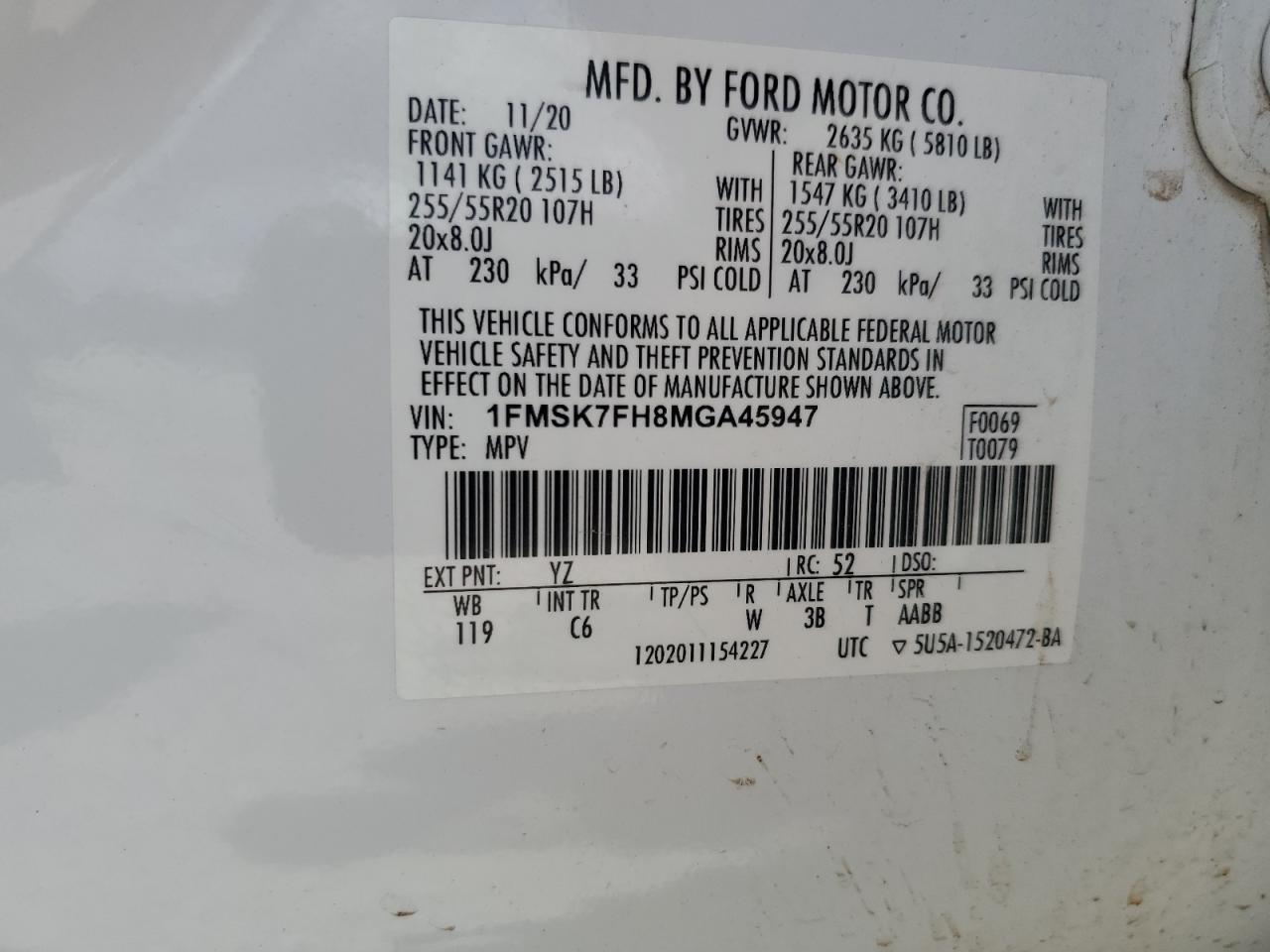 2021 Ford Explorer Limited VIN: 1FMSK7FH8MGA45947 Lot: 62396715